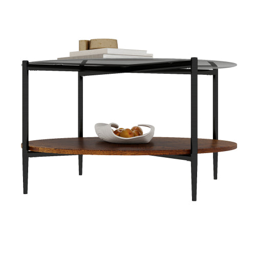 Mid Century Round Coffee Table Glass Top Wood Shelf Metal Frame Living Room Table