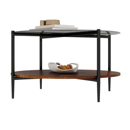 Mid Century Round Coffee Table Glass Top Wood Shelf Metal Frame Living Room Table