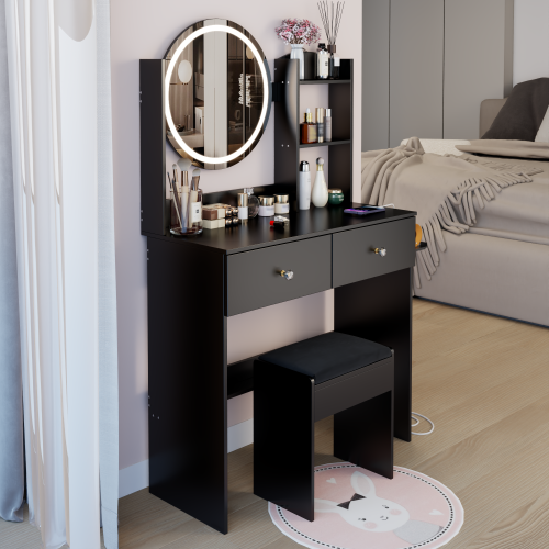 17inch  Round LED Mirror Vanity Table+Cushioned Stool, Equipped With 2 AC+2 USB Power Socket, Big Mirror, Touch Switch, 3 Colors, Adjustable Brightness, Large Desktop, Multi-layer High Capacity Storage