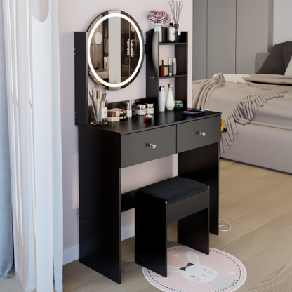 17inch  Round LED Mirror Vanity Table+Cushioned Stool, Equipped With 2 AC+2 USB Power Socket, Big Mirror, Touch Switch, 3 Colors, Adjustable Brightness, Large Desktop, Multi-layer High Capacity Storage