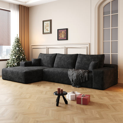 107 inch  Black Plush Corduroy L-Shape Cloud Modular Sectional Sofa, No Assembly