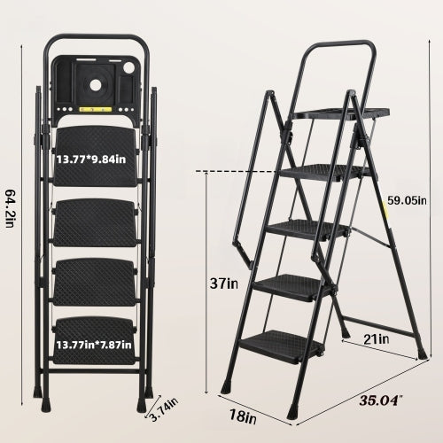 4 Step Ladder, Folding Step Stool with Non-Slip Wide Pedals, Soft Handle