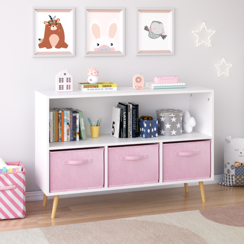 Kids Bookcase with Fabric Drawers and Toy Storage Organizer, White/Pink