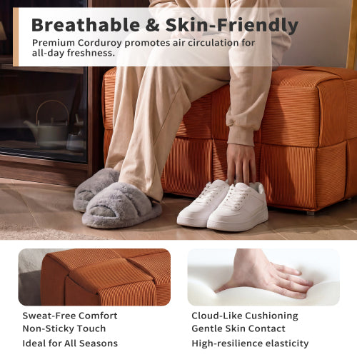 Brown Square Corduroy Ottoman Footrest, 300 LBS Engineered Wood Frame No-Assembly Multiuse Sofa Stool