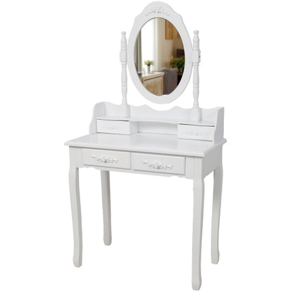 White Princess Vanity Desk Set with Mirror & Cushioned Stool, 4-Drawer Wooden Makeup Vanity Table for Girls' Bedroom, Dressing Table with Ample Storage