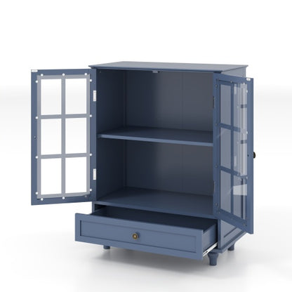 Vintage Blue Buffet Cabinet with Glass Doors Drawer and Adjustable Shelves