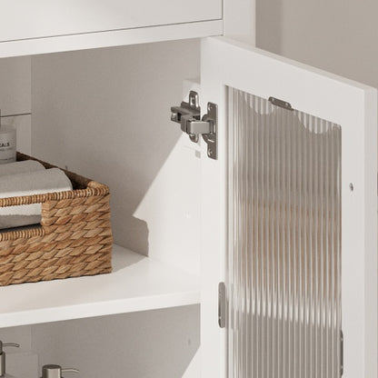 31" Bathroom Vanity with Tempered Glass, Modern Bathroom Cabinet with Rubber Wood legs and Soft close Doors, White