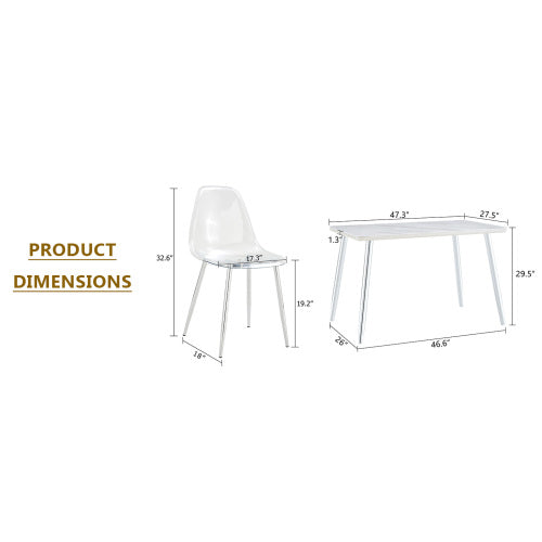 5-Piece Marble Glass Dining Set, Double-Layer Table & 4 Transparent Plastic Chairs with Silver Legs