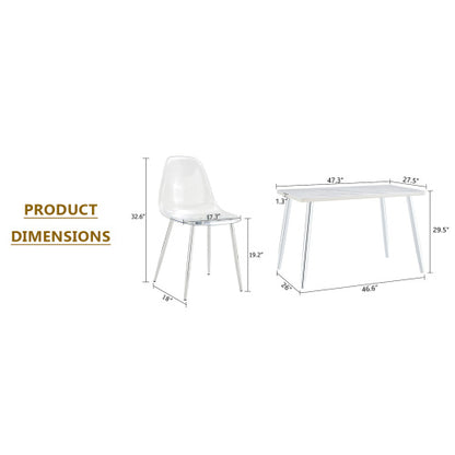 5-Piece Marble Glass Dining Set, Double-Layer Table & 4 Transparent Plastic Chairs with Silver Legs