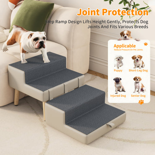 Light Grey 2-in-1 Foldable Wooden Pet Ottoman Dog Stairs, Anti-Slip Pet Ramp for Puppies & Small Dogs