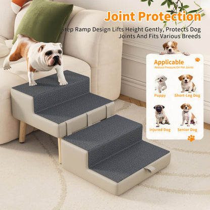 Light Grey 2-in-1 Foldable Wooden Pet Ottoman Dog Stairs, Anti-Slip Pet Ramp for Puppies & Small Dogs