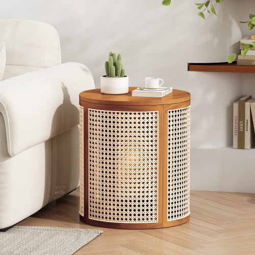 Ochre Round Rattan End Table, 15.7 Inch Woven Side Table with Rubber Wood Top, Small Accent Table for Bedroom Living Room