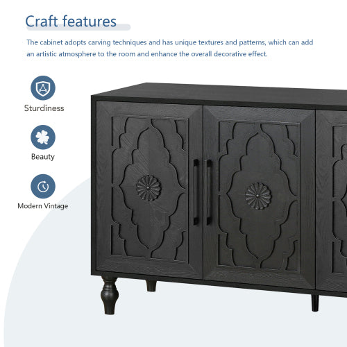 Black Carved Flower Door Storage Cabinet Metal Handle Large Hall Console TV Stand