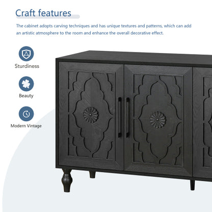 Black Carved Flower Door Storage Cabinet Metal Handle Large Hall Console TV Stand
