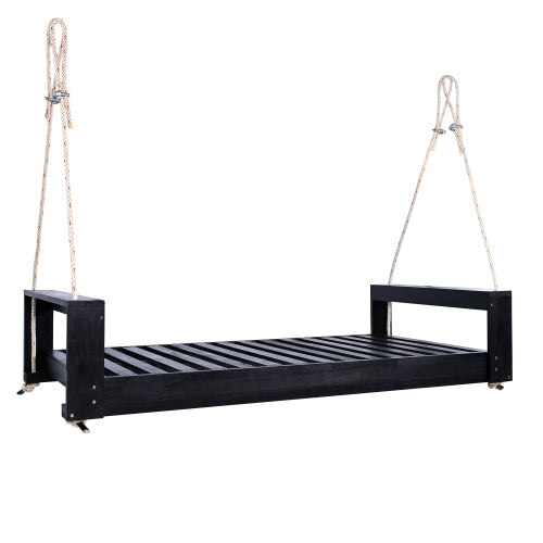 Twin Size Porch Swing Bed Seating Group, Patio Acacia Wood Swing Frame with Hemp Ropes for Garden, Backyard, Black
