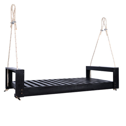 Twin Size Porch Swing Bed Seating Group, Patio Acacia Wood Swing Frame with Hemp Ropes for Garden, Backyard, Black