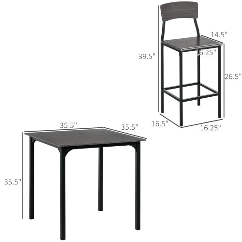 5-Piece Gray & Black Square Counter Height Dining Set, MDF & Steel Table with 4 Space-Saving Stools