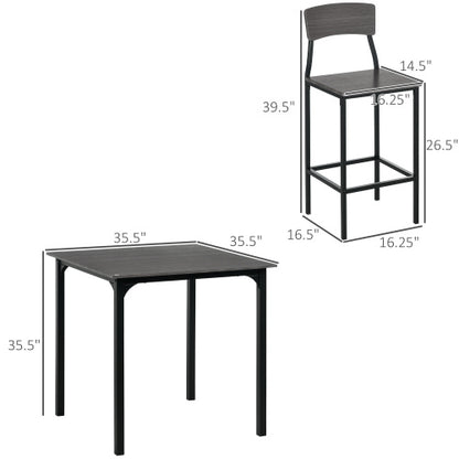 5-Piece Gray & Black Square Counter Height Dining Set, MDF & Steel Table with 4 Space-Saving Stools