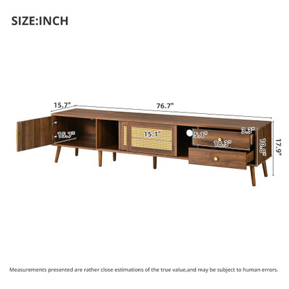 76.7 inch Natural Wood PE Rattan TV Stand Rubber Wood Leg Media Console Fits Up To 85 inch TV
