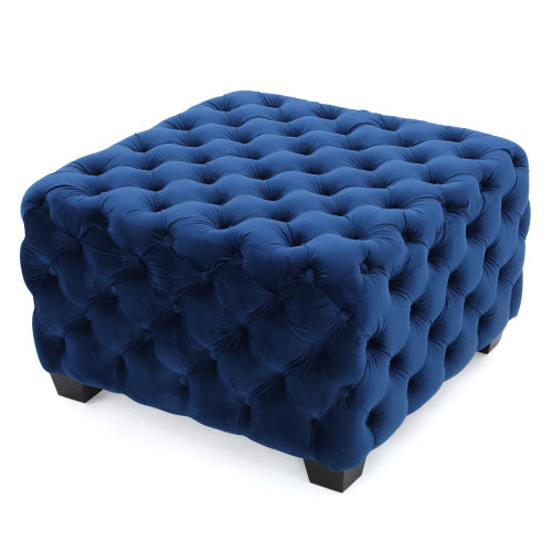 Navy Blue Velvet Button Tufted Ottoman, Diamond Stitch Modern Glam Accent Seat for Living Room