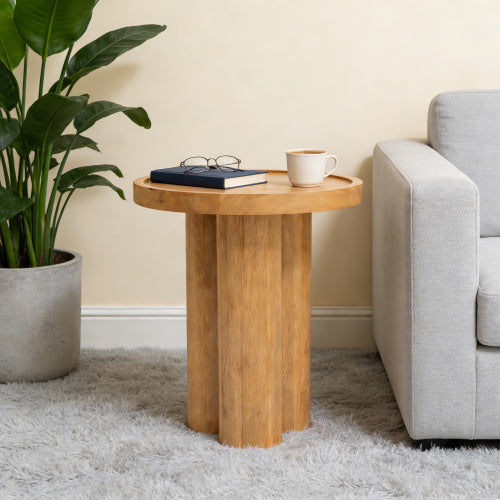 Round Solid Wood End Table Natural Oak Veneer Pedestal Side Table