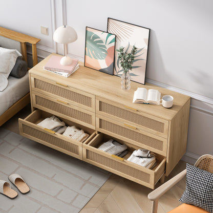 Natural Tone 6-Drawer Rattan Storage Cabinet Anti-Tipping Design Household Bedroom Living Room Multi-Functional Drawer Chest