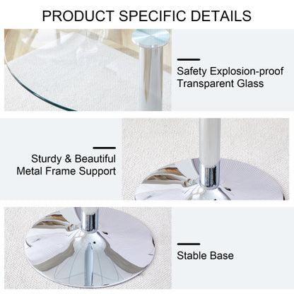 A glass tabletop with a diameter of 35 inches and a modern minimalist circular dining table with electroplated silver metal legs. Suitable for restaurants, living rooms, and conference rooms.