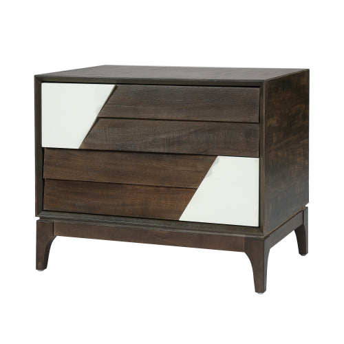 Brown & Cream White Japandi Nightstand, 2-Drawer Angled Patchwork Bedside Table with Tapered Legs