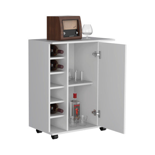 Bar Cart with Casters, 2-Side Storage Shelves and 6-Wine Bottle Rack