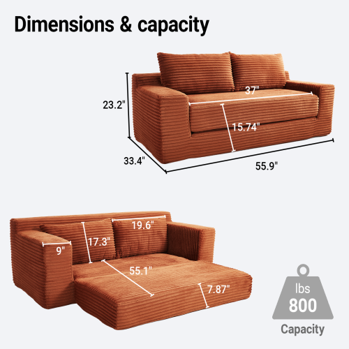 56-Inch Orange Corduroy Memory-Foam Compression Loveseat Sofa-Bed