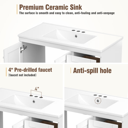 36 inch Shaker Style Free-Standing Bathroom Vanity Cabinet with Ceramic Sink, 4 Soft-close Drawers and 2 Soft-close doors