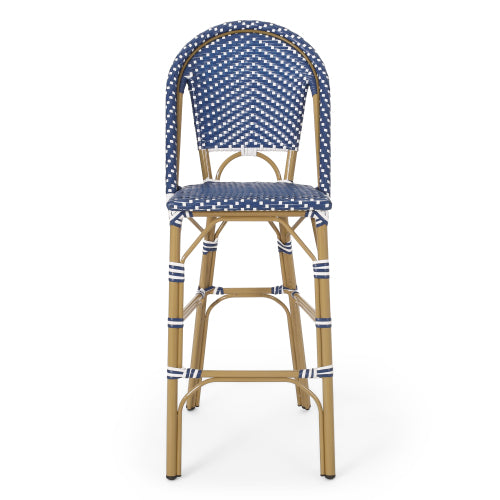 29.5" Outdoor PE Rattan French Barstool, Dark Teal and White, Aluminum Frame with Bamboo Finish (Set of 2)