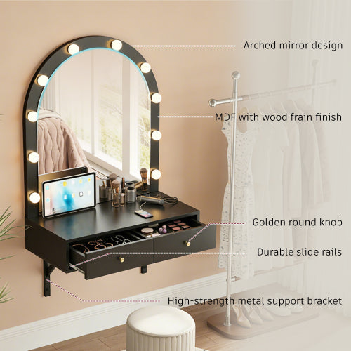 Black Floating Wall Mounted Vanity Desk with LED Mirror, 3 Color Lights, Power Outlet & USB, Large Storage