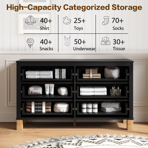 6 Drawer Double Dresser Modern Black Storage Cabinet with Metal Handles Solid Wood Legs