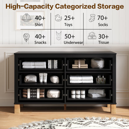 6 Drawer Double Dresser Modern Black Storage Cabinet with Metal Handles Solid Wood Legs
