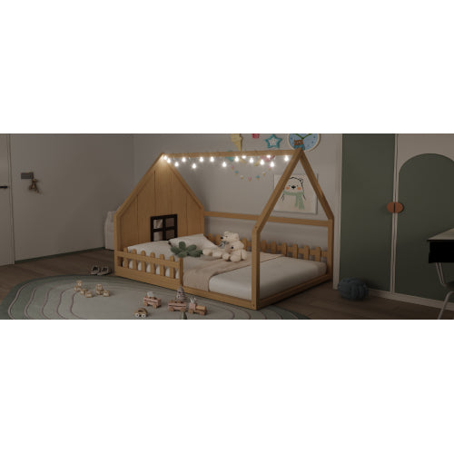 Full Size Wood House Bed with Window and Fence, Natural