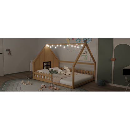 Full Size Wood House Bed with Window and Fence, Natural