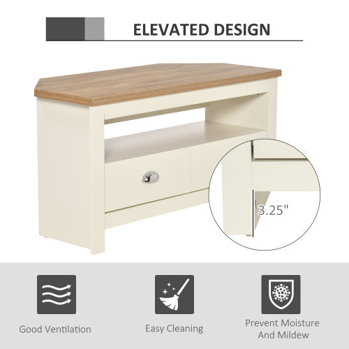 37.5 Inch White Trapezoidal Corner TV Stand for 50 Inch TV with Drawers & Open Compartment
