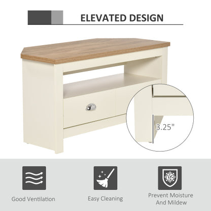 37.5 Inch White Trapezoidal Corner TV Stand for 50 Inch TV with Drawers & Open Compartment