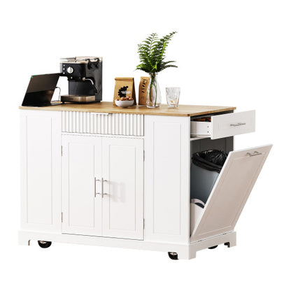 K Fluted Kitchen Island with Trash Can Storage Cabinet, Power Outlet, Internal Storage Rack, Rolling Kitchen Islands on 5 Wheels with 3 Drawer