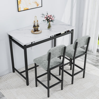 3-Piece Marble Finish Dining Set, Black Table & 2 Grey PU Upholstered Chairs