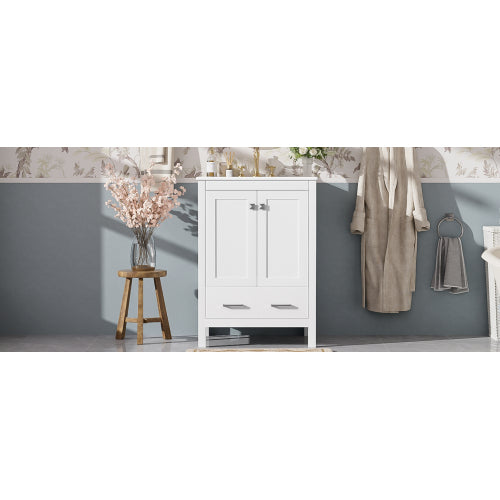 24-inch bathroom vanity with integrated undermount basin and a storage cabinet featuring 2 doors and 1 drawer. Includes double-layer door shelf, soft-close design, and versatile storage solutions