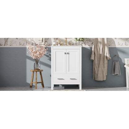 24-inch bathroom vanity with integrated undermount basin and a storage cabinet featuring 2 doors and 1 drawer. Includes double-layer door shelf, soft-close design, and versatile storage solutions