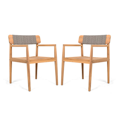 CREATIVE BRAIDED ACACIA WOOD OUTDOOR DINING CHAIRS WITH ARMRESTS, SUITABLE FOR OUTDOOR DINING AND LEISURE PLACES, TEAK LOOK & GREY ROPE,SET OF 2