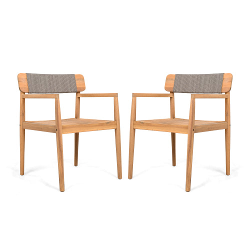 CREATIVE BRAIDED ACACIA WOOD OUTDOOR DINING CHAIRS WITH ARMRESTS, SUITABLE FOR OUTDOOR DINING AND LEISURE PLACES, TEAK LOOK & GREY ROPE,SET OF 2