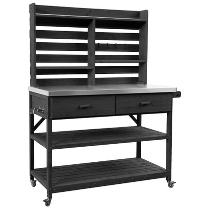 K&K 64.9"H Outdoor Potting Bench Table with Lockable Wheels, Solid Wood Outdoor Kitchen Island with Upper Hutch, Stainless Steel Top, Towel Rack ,Outdoor Storage for Grilling, Lawn Garden -Black