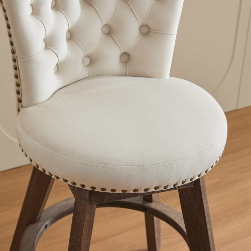 26inch Counter Height Bar Stools Set of 2, 360¡ã Swivel Stools with Back & Hand - Tufted Button - Trimmed Edges, Upholstered Velvet Kitchen Counter Stools on Wood Legs,Beige