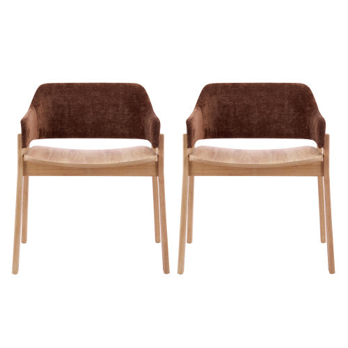 Set of 2 Brown Fabric Arm Dining Chairs, Natural Rubberwood Frame Farmhouse Accent Chairs