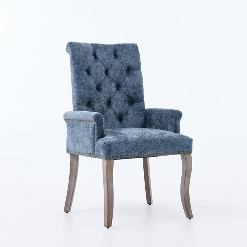 Upholstered Chenille Arm Dining Chair, Tufted Accent Chair with Curved Solid Wood Legs, Blue, Single Pack