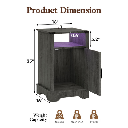 LED Nightstand Set of 2 with Charging Station, Farmhouse End Table with Storage